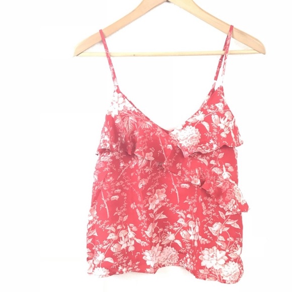 LUCKY BRAND Tank Top Red White Silk Floral Cami Ruffle Accent Top - Picture 3 of 8